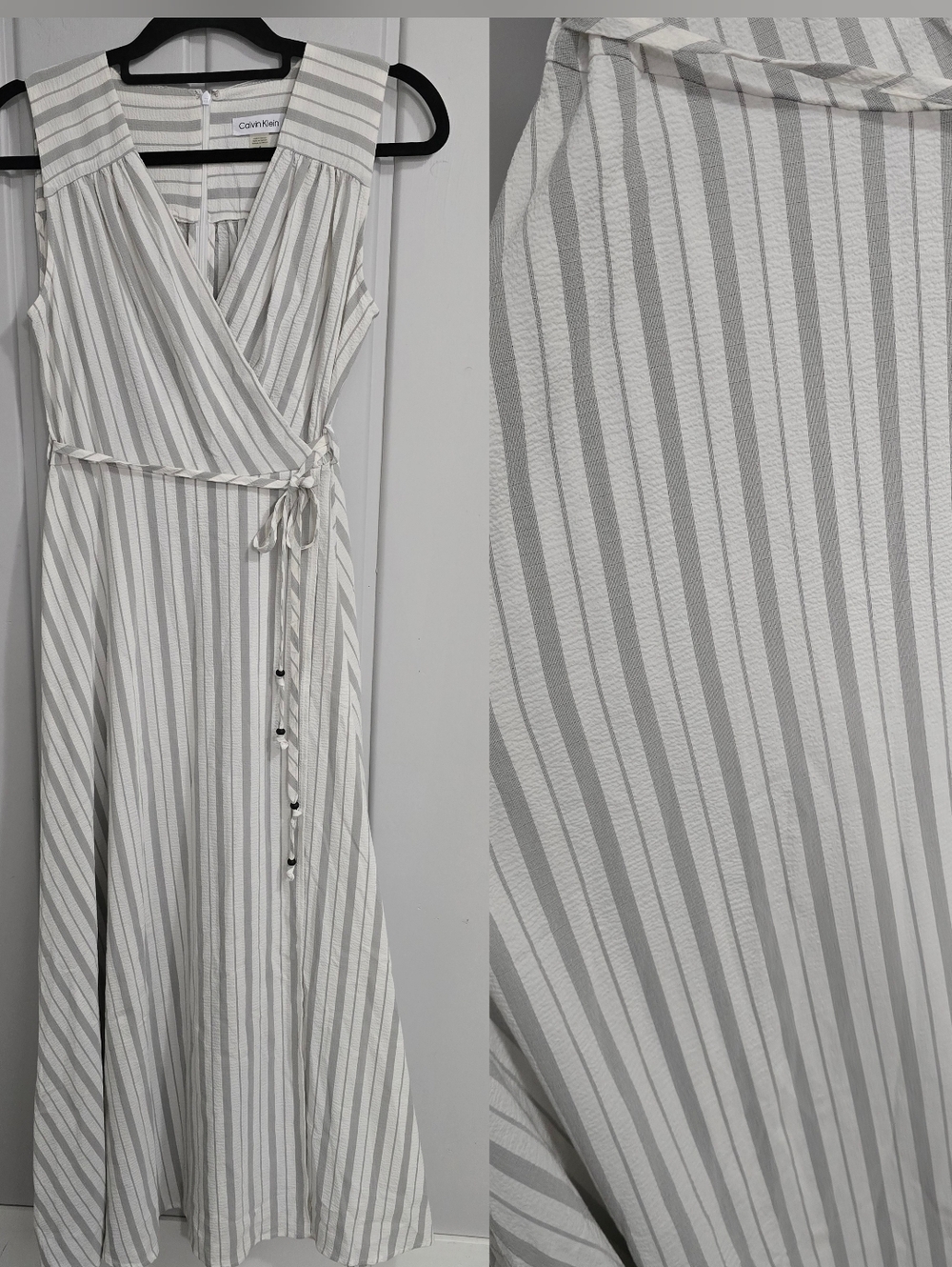Calvin Klein Womens Striped Sleeveless Faux-wrap Dress (Size 6)